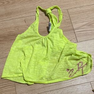 Dance Neon Yellow Halter Crop Tank with Pink Rhinestone Accent